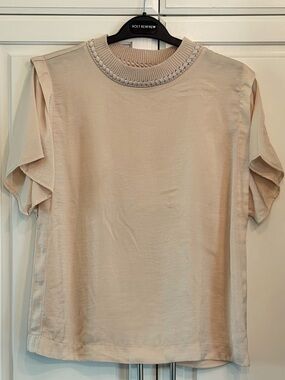 Sam Edelman Mixed Media Woven Rib Neckline Top in a soft champagne/sand, size L